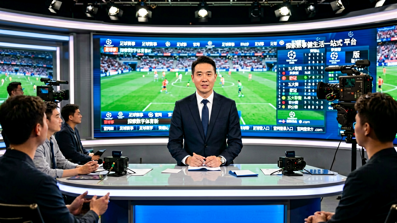 体育直播演播室，专业解说员进行赛事直播解说